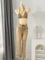 Detail view of a three-piece leaf pattern bikini set with wide-leg mesh trousers - S / Top And Bottom / Tan