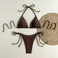 Sexy two-piece chocolate brown bikini set with silver rivet details and halter tie-neck style - S / Top And Bottom / Brown
