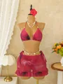 Böhmisches Bikini-Set mit Blumendruck und Rüschenrock auf einer Schaufensterpuppe. - XS / Oberteil Und Unterteil / Fuchsia