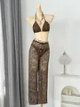 Detailed view of the leaf pattern lace on 3-piece brown bikini set with pants - S / Top And Bottom / Dark Brown