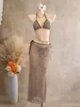 Brown three-piece leaf pattern bikini set featuring a matching mesh drawstring maxi skirt - S / Top And Bottom / Brown