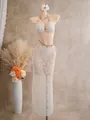 Detail of the leaf hollow-out crochet long skirt and bikini set for beach vacations - S / Top And Bottom / Apricot