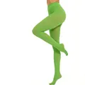 Vibrant lime green opaque 100D velvet footed tights showing slimming elastic fit. - Fruit Green