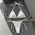 Exquisito conjunto de bikini blanco con apliques florales de lentejuelas y lazos halter - S / Top Y Pantalón / Albaricoque