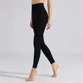 Full length side view of high-waisted black fleece-lined leggings for winter warmth - Fleece One Size / Bottoms / Black 9-Point