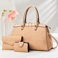 Luxury three-piece beige crocodile texture Boston handbag set for professional commuter women - Three-Piece Set / Khaki