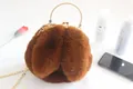Cute brown faux fur bunny handbag with golden chain strap for women - Brown