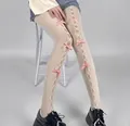 Japanische JK Lolita Netzstrumpfhose in Beige mit dekorativen rosa Schleifen - Weiß Rosa Samtschleife