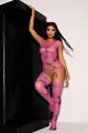Elegantes violettes Batik-Netz-Bodysuit-Lingerie-Set mit Strumpfhaltern für Damen. - XL / Oberteil Und Unterteil / Lila-Rosa Batik