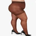 Detail view of plus size coffee brown sheer tights on a curvy model with black high heels - Plus Size with Back Gusset / Bottoms / Brown