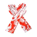 Close-up of white Halloween horror gloves featuring a realistic red blood splatter pattern - XL / Blood Spatter Gloves