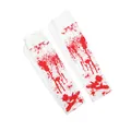 Close-up of realistic red blood splatter print on white Halloween horror cosplay socks - XL / Blood Spatter Over Knee Socks