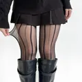 Elegant black vertical jacquard sheer pantyhose with delicate floral and dot patterns - XL / Bottoms / Black