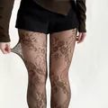 Vintage brown floral lace fishnet stockings with high elasticity and mesh detail - One Size / Brown