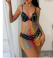 Vibrant rainbow fishnet bodysuit with long sleeves for a sexy beach vacation style - One Size / Top And Bottom / Rainbow
