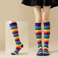 Detail view of colorful rainbow striped over-the-knee cotton socks for festive outfits - Ankle Socks / Purple Opening