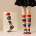 High quality detailed view of vibrant rainbow striped over-the-knee socks for women dance wear - Ankle Socks / Red Cuff