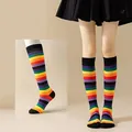 Detail view of rainbow striped knee-high cotton socks for women, colorful dance hosiery. - Ankle Socks / Black Cuff