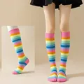 Macro detail of vibrant rainbow striped pattern on soft cotton knee-high socks for women. - Ankle Socks / Pink Opening