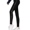 Detail view of black leggings with wavy rhinestone side patterns - Wavy Stripe Rhinestone