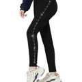 Black fleece-lined leggings featuring a sparkling side rhinestone pattern for women - Dotted Wave Rhinestone