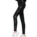 Detail view of black thermal leggings with side rhinestone 'BOY' lettering and stars - Side BOY Letter Rhinestone