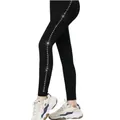 Detailed side view of black fleece-lined leggings featuring sparkly star rhinestone stripes - Side Snowflake Rhinestone