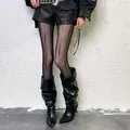Sexy black hollow lace fishnet stockings with vertical line pattern and diamond cutouts - One Size / Vertical Fine Mesh / Black