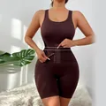 One-piece brown seamless shapewear bodysuit with wide straps and tummy control closure - S / Top And Bottom / Coffee