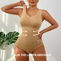 Women's seamless tummy control shapewear bodysuit with round neck in beige nude color. - XS/S / Top And Bottom / Nude