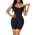 Front view of seamless black tummy control shapewear bodysuit shown on female model - S / Top And Bottom / Black