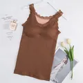 Elegant brown thermal tank top featuring lace straps and thick warm fleece lining - One Size (Recommended 40-62.5kg) / Tops / Khaki