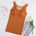 Warm orange ribbed thermal camisole with lace straps and built-in bra pads for women - One Size (Recommended 40-62.5kg) / Tops / Caramel color