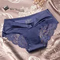 Culotte sans couture en soie glacée bleu foncé avec dentelle et gousset en coton (88 chars) - Bleu foncé