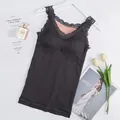 Black lace strap camisole with warm fleece lining and built-in bra padding for women - Gray