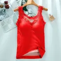 Red lace strap thermal camisole with warm fleece lining and built-in pads - Red
