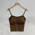Close-up view of brown seamless ice silk camisole with spaghetti straps on hanger - Tops / Thin Cup (1.5cm) / Coffee