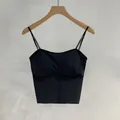 Close-up of a black seamless ice silk camisole with thin double straps and built-in pads - Tops / Thin Cup (1.5cm) / Black