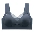 Comfortable seamless wireless bra with V-neck mesh detailing and fixed cups in dark grey-blue - Sapphire Blue