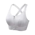 White front-zipper sports bra with adjustable cross back for high impact support - S / Tops / White