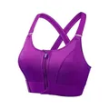High-impact purple sports bra featuring front zipper wireless support and cross back straps - S / Tops / Purple