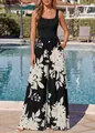 Eleganter sommerlicher ärmelloser Jumpsuit mit eckigem Ausschnitt und Blumen-Weitbein-Hose - S / Oberteil Und Unterteil / Schwarz Mit Weißen Blumen