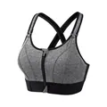Front zipper sports bra in heather grey with adjustable cross straps for yoga and fitness - S / Tops / Gray