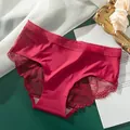 Seamless red ice silk lace panties with breathable cotton crotch for women's comfort - M / Bottoms / Burgundy