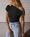 Damen T-Shirt in Schwarz, gerippt und schulterfrei, mit edlem goldfarbenem Metallring - S / Oberteile / Schwarz