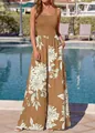 Full view of sleeveless floral print jumpsuit with wide leg pants for summer leisure - S / Top And Bottom / Khaki White Flower