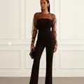 Elegant black jumpsuit featuring sheer mesh sleeves and a strapless sweetheart bodice - S / Top And Bottom / Black