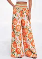 Hoch taillierte Hose mit weitem Bein und lebhaftem orangefarbenem Blumendruck für den Sommer - S / Unterteile / Orangefarbener Druck