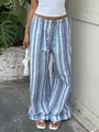 Detailansicht der blau-violett gestreiften weiten Bodenlangen Hose mit Kordelzug - S / Unterteil (WL8380) / Blau Gestreift