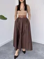 Elegant French style brown maxi skirt with beige long-sleeve top and wide belt ensemble - S / Tops / Coffee